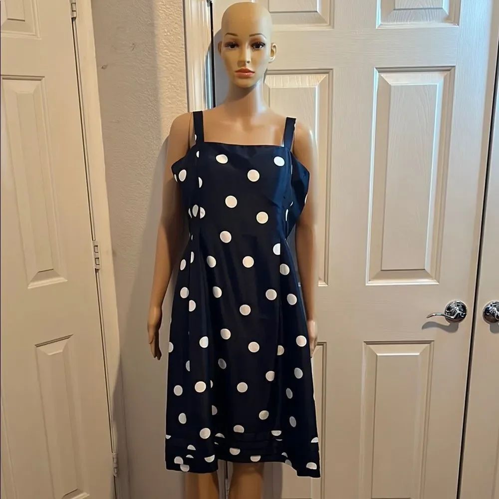 Dressbarn Navy Blue White Polka Dot Midi Dress 12 Square Neck Sleeveless Tiered